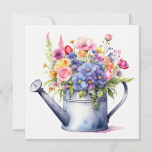 Akvarell vattningskanna med trädgårdsblommor  kort