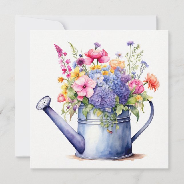 Akvarell vattningskanna och sommarblommor  kort (Framsida)
