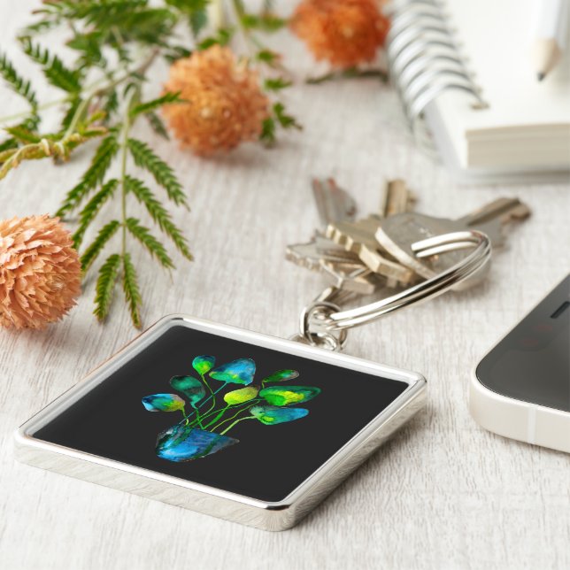 Akvarell växtkonst grön och blå abstrakt fyrkantig silverfärgad nyckelring (Sidan)