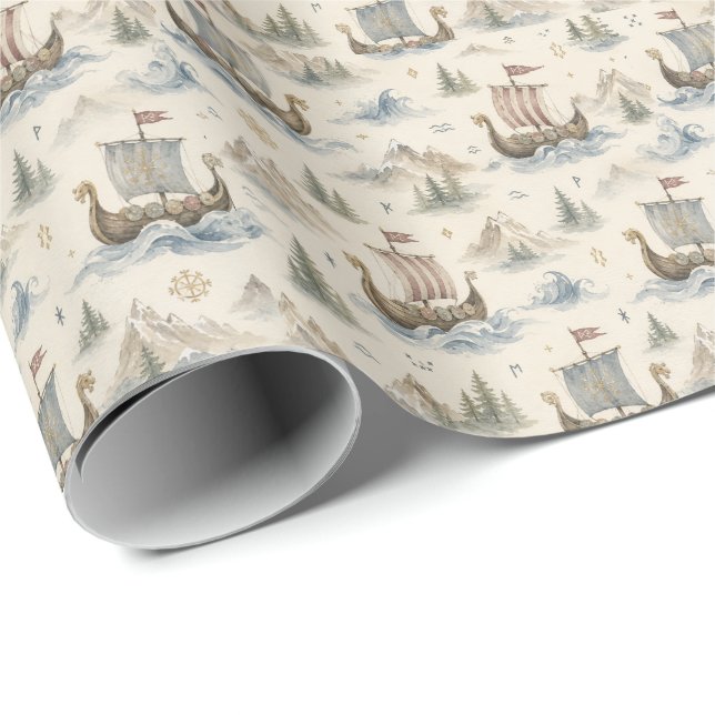 Akvarell Vikingsskepp Presentpapper (Rullad Hörn)