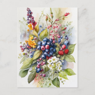Akvarell Vilda Bär och Blommor Natur Vykort