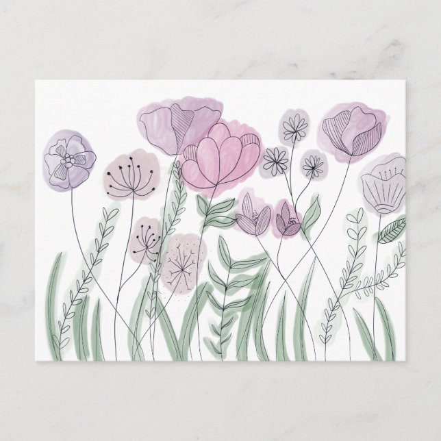 Akvarell Vilda Blommor Blommar Meddelande Vykort (Framsida)