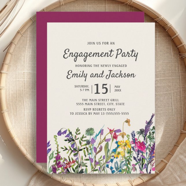 Akvarell Vilda Blommor Blommig Lila Förlovning Inbjudningar (Watercolor wildflowers engagement party invitation)