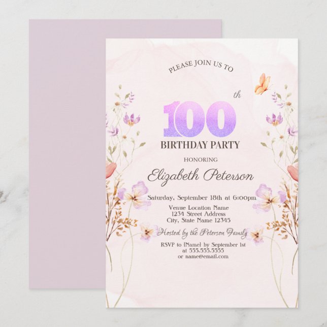 Akvarell Vilda Blommor Fjäril 100-årsdag   Inbjudningar (Fram/baksida)