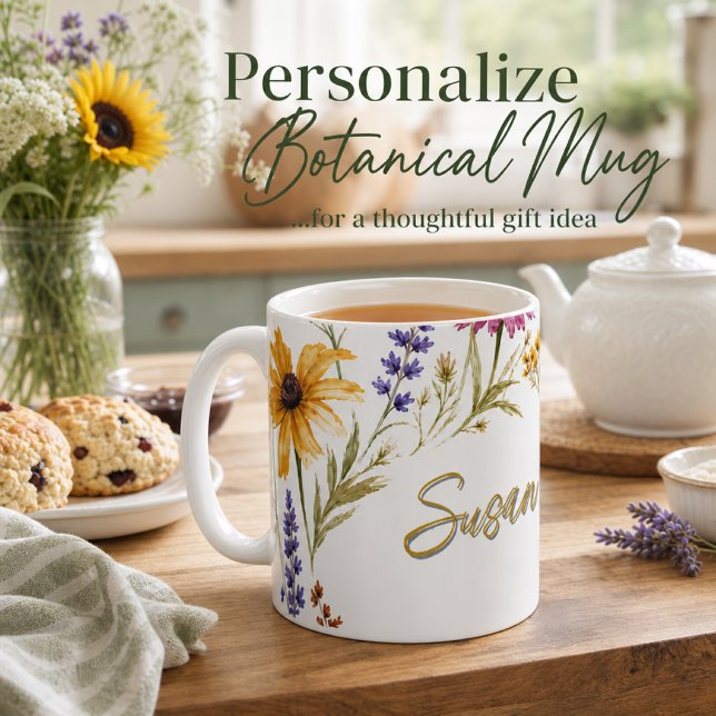 Akvarell Vilda Blommor Gul Sol Botanisk  Kaffemugg (Skapare uppladdad)