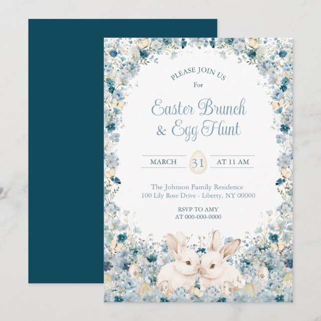 Akvarell Vilda Blommor Kaniner Påsksöndagsbrunch Inbjudningar (Fram/baksida)