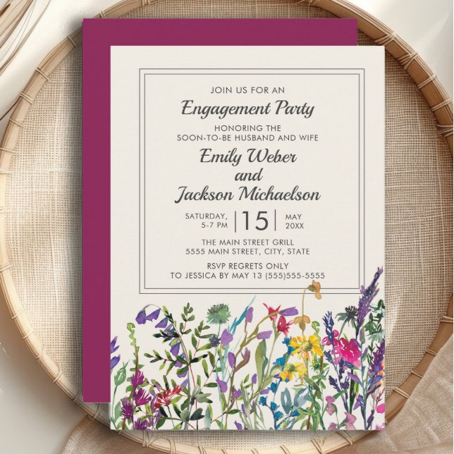 Akvarell Vilda Blommor Kräm Lila Förlovning Inbjudningar (Watercolor wildflowers engagement party invitation )