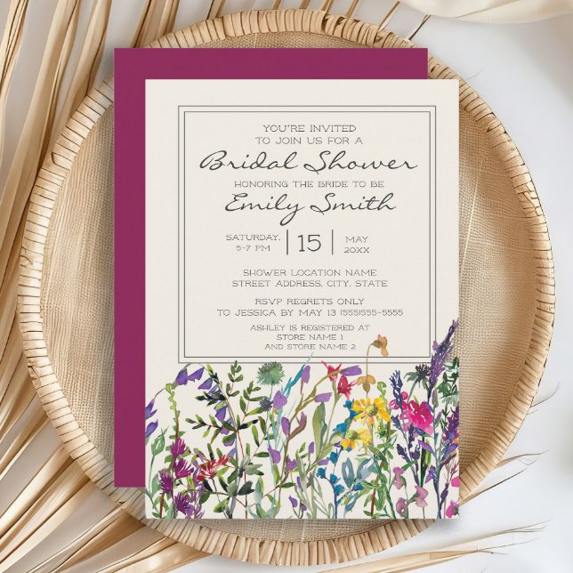 Akvarell Vilda Blommor Kräm Purpur Bröllopsfest Inbjudningar (Watercolor wildflowers bridal shower invitation)