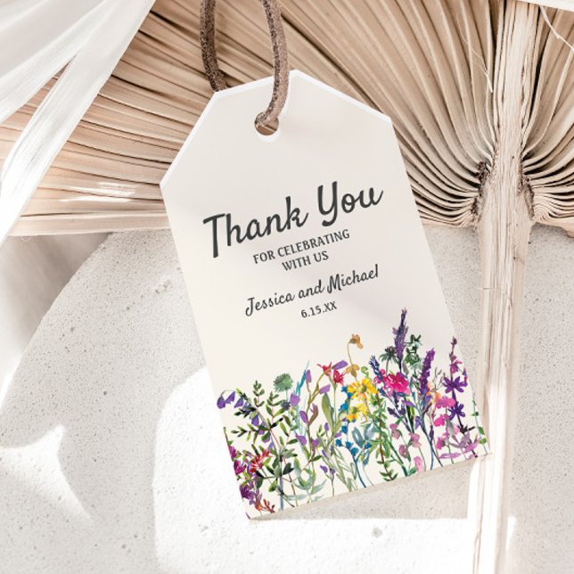 Akvarell Vilda Blommor Krämfärgad Bröllop  Presentetikett (Watercolor wildflowers "Thank you" gift tags)