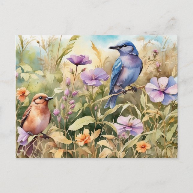 Akvarell Vilda Blommor och Fåglar Illustration  Vykort (Framsida)