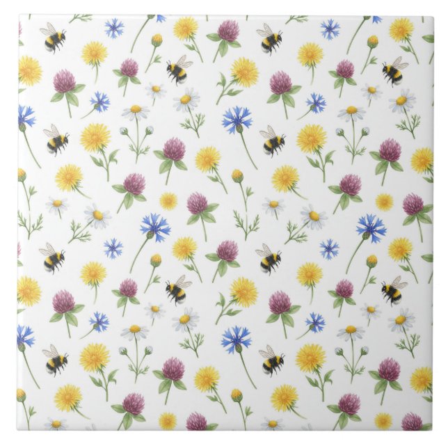 Akvarell vilda blommor och honungsbin  kakelplatta (Framsidan)