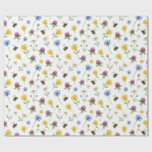Akvarell vilda blommor och honungsbin  presentpapper
