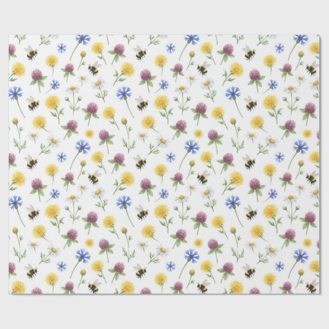 Akvarell vilda blommor och honungsbin  presentpapper (Platt)