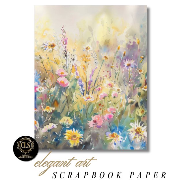 Akvarell Vilda Blommor Scrapbookpapper (Scrapbook Paper with Pastel Watercolor Wildflower Art Design)