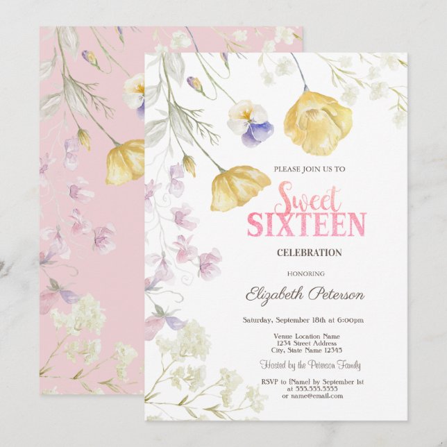 Akvarell Vilda Blommor Sweet 16 Inbjudningar (Fram/baksida)
