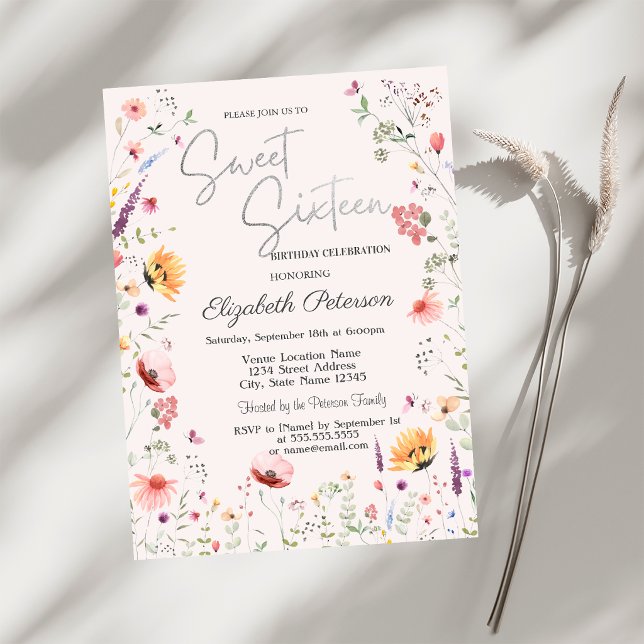 Akvarell Vilda Blommor  Sweet 16 Inbjudningar (Skapare uppladdad)