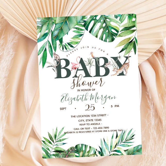 Akvarell Vilda Djur Palmblad Baby Shower Inbjudningar (Skapare uppladdad)