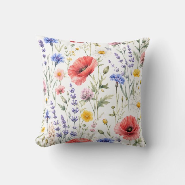 Akvarell Vildblomma Äng Blommönster Kudde (Framsida)