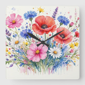 Akvarell Vildblomma Äng Bouquet Blommig Konst Fyrkantig Klocka
