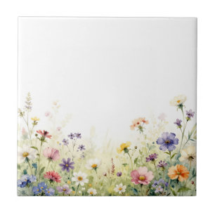 Akvarell Vildblomma Äng Pastell Blommig Kant Kakelplatta