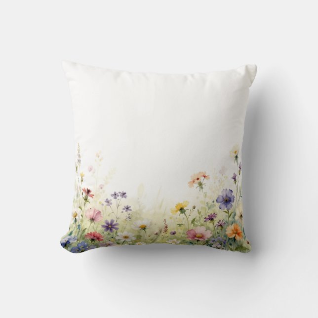 Akvarell Vildblomma Äng Pastell Blommig Kant Kudde (Framsida)