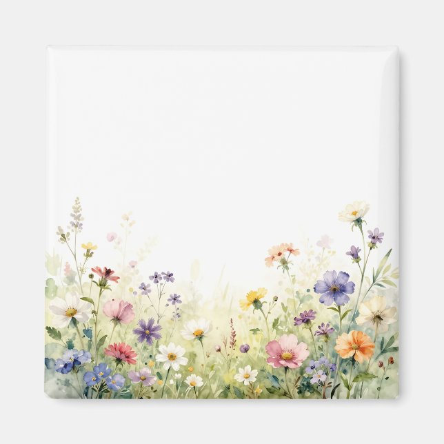 Akvarell Vildblomma Äng Pastell Blommig Kant Magnet (Framsidan)