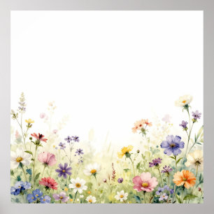 Akvarell Vildblomma Äng Pastell Blommig Kant Poster