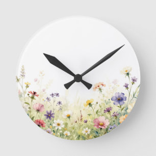 Akvarell Vildblomma Äng Pastell Blommig Kant Rund Klocka