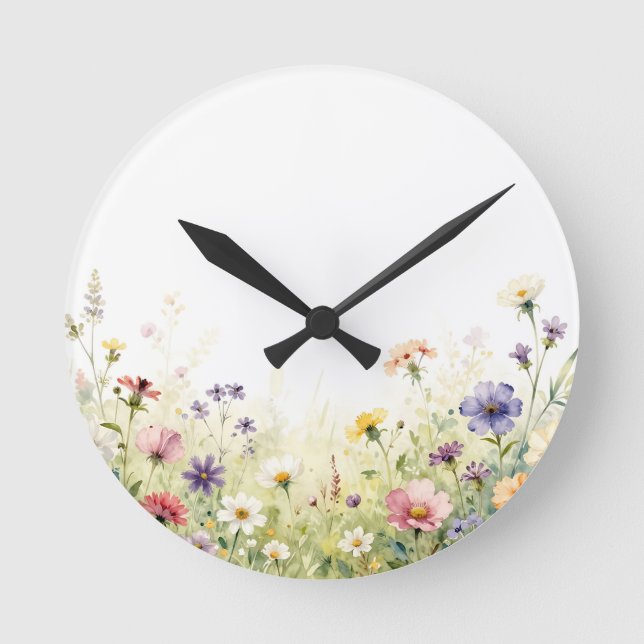 Akvarell Vildblomma Äng Pastell Blommig Kant Rund Klocka (Framsida)