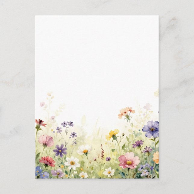 Akvarell Vildblomma Äng Pastell Blommig Kant Vykort (Framsida)