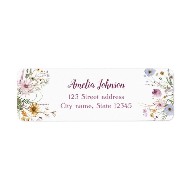 Akvarell Vildblomma Blommig Krans Returadress Etikett (Framsidan)