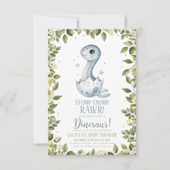 akvarell vildblomma Dinosaurie Baby Shower Inbjudningar (Framsida)