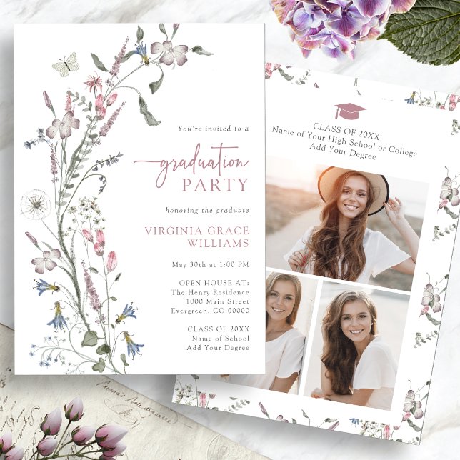 Akvarell Vildblomma Examenstårtorparty Inbjudningar (Watercolor Wildflower Graduation Party Invitation Pictures on back by Painted Paperie
)