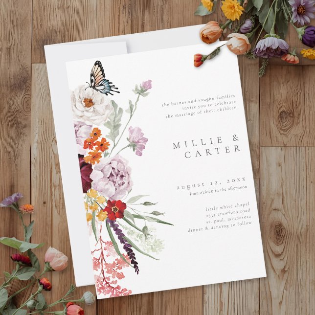 Akvarell Vildblomma Fjäril Modern Bröllop Inbjudningar (Watercolor Wildflower Butterfly Modern Wedding Invitation)