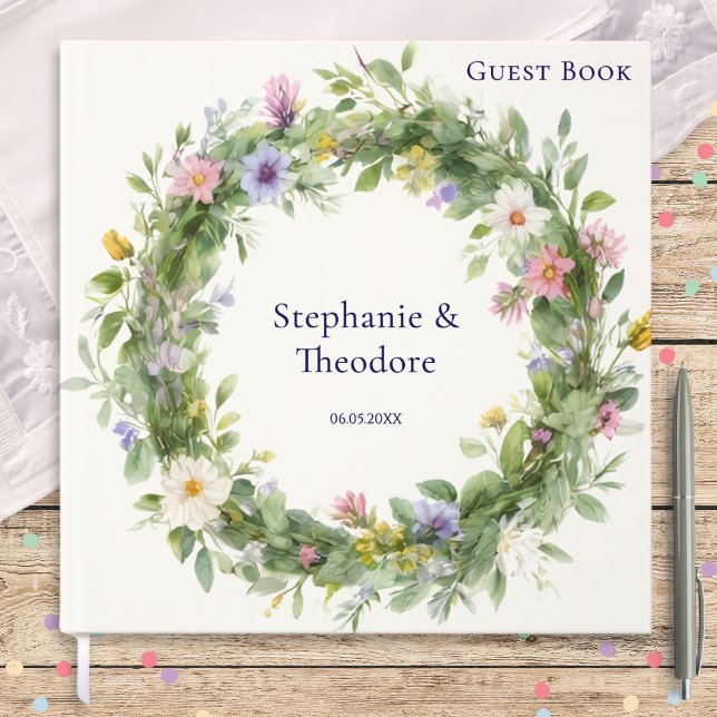Akvarell Vildblomma Krans Personlig Bröllop Gästböcker (A personalized wedding guest book with a wildflower wreath design in a watercolor style)