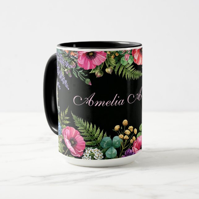 Akvarell Vildblomma Svart med Anpassat Namn Mugg (Framsida vänster)