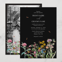 Akvarell Vildblomma Trädgård Boho Svart Bröllop