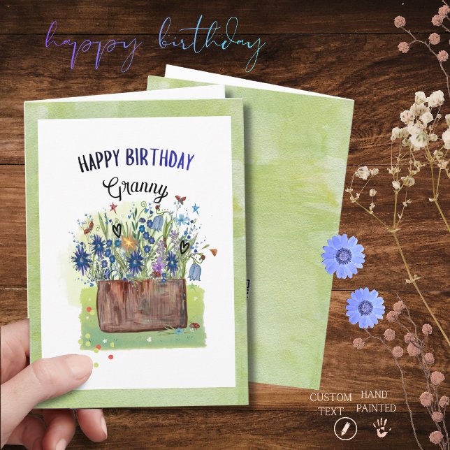 Akvarell Vildblomma Trätunna Mormor  Kort (Watercolor Wildflower Wooden Bucket Granny Card)