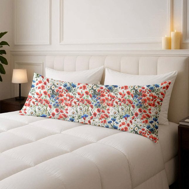 Akvarell Vildblomma Vallmo Tusensköna Kroppskudde (Body Pillow)