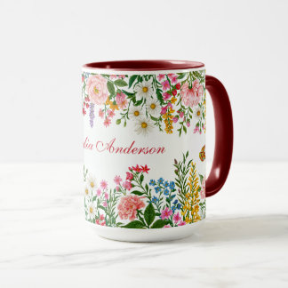 Akvarell Vildblomma Vit med Anpassat Namn Mugg