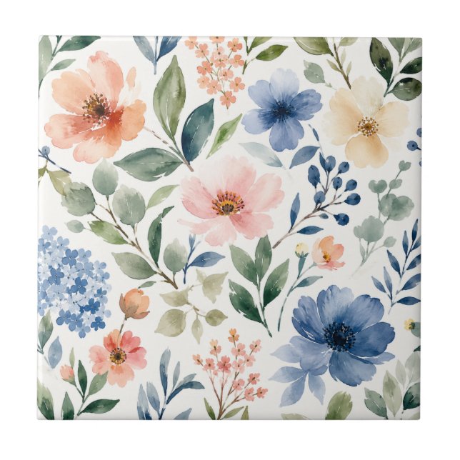 Akvarell Vildblommamönster Modern Botanik Kakelplatta (Framsidan)