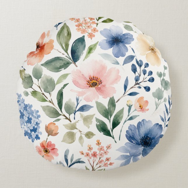 Akvarell Vildblommamönster Modern Botanik Rund Kudde (Framsidan)