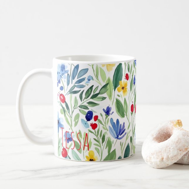 Akvarell Vildblommeäng Blå och Gul Konst Kaffemugg (Med munk)