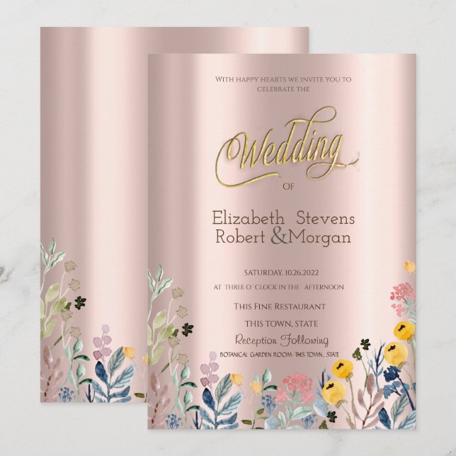 Akvarell Vildblommeäng Roséguld Inbjudningar (Fram/baksida)