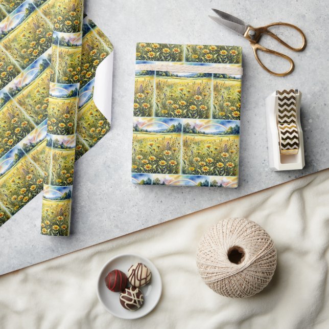 Akvarell Vildblommefält med regnbåge Presentpapper (Hantverk)