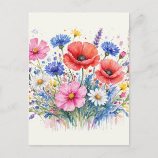 Akvarell Vildblomsäng Bukett Blommig Konst Vykort