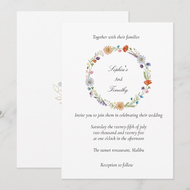 Akvarell vildblomskrans bröllop  inbjudningar (Fram/baksida)