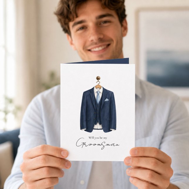 Akvarell Vill du vara min bestman kostym Kort (Elegant navy watercolor suit card for asking a special friend to be your groomsman.)