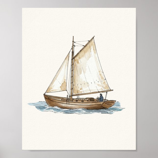 Akvarell Vintage Båt Marin Poster (Framsidan)
