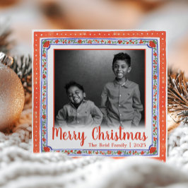 Akvarell Vintage Blommig Röd & Blå Foto Julkort